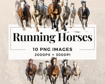 10 Paquete de imágenes prediseñadas de caballos corriendo DESCARGA INSTANTE 10 ilustraciones de caballos, fondo transparente PNG, uso personal y comercial. THS003