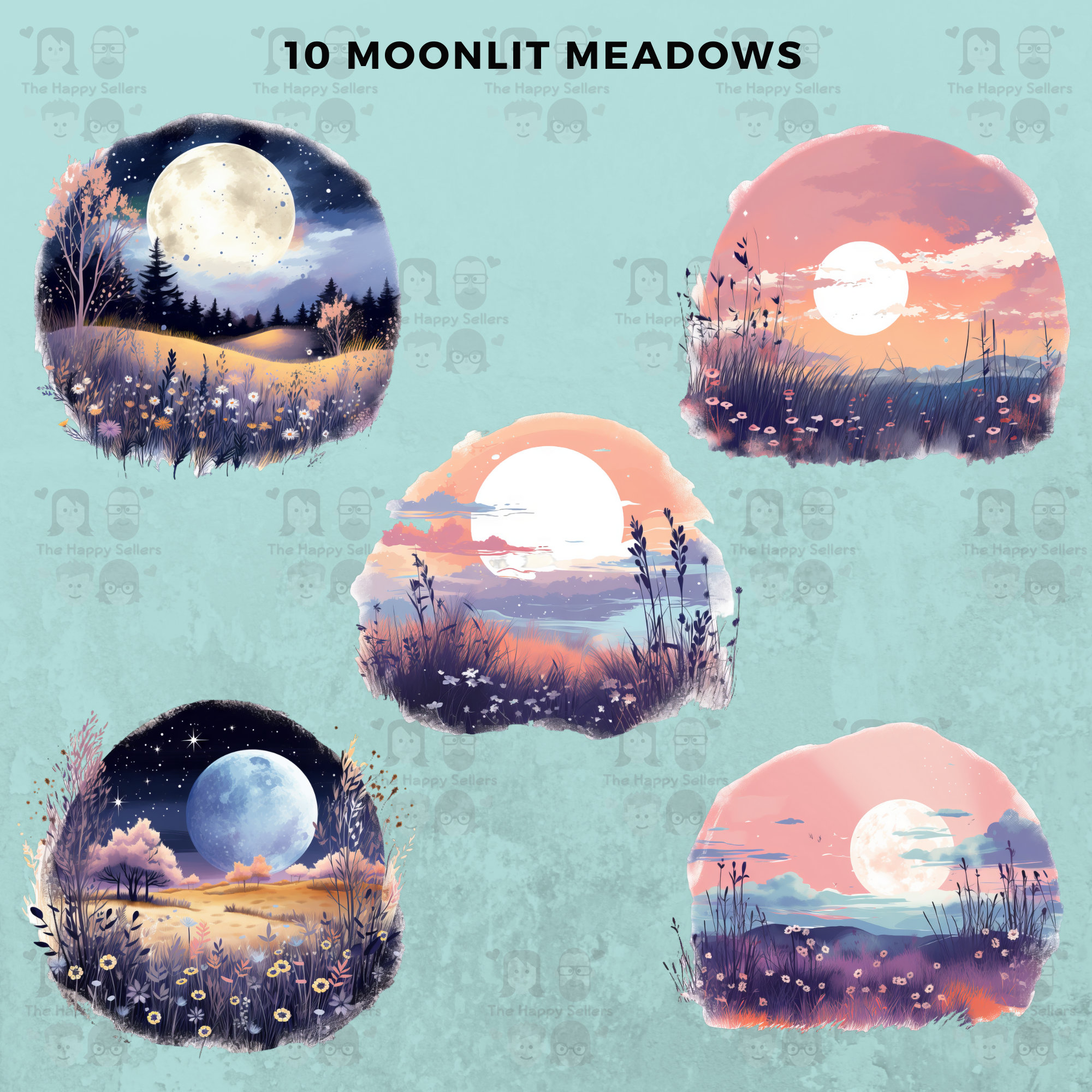 10 Moonlit Meadows Clipart Pack INSTANT DOWNLOAD 10 Enchanting Meadow ...