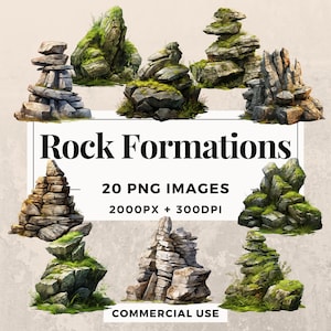 Paquete de imágenes prediseñadas de 20 formaciones rocosas DESCARGA INSTANTE 20 ilustraciones únicas de formaciones rocosas, fondo transparente PNG, uso comercial. THS003