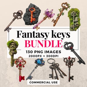Paquete de imágenes prediseñadas de 130 llaves de fantasía: descarga instantánea, ilustraciones de llaves mágicas, imágenes PNG, fondo transparente, uso comercial. THS003