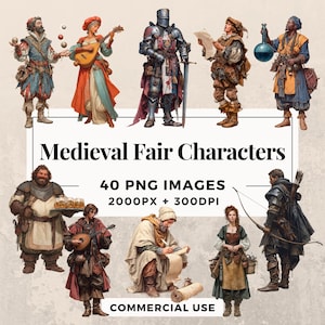 40 Medieval Fair Characters Clipart Pack INSTANT DOWNLOAD 40 Medieval Illustrations, PNG Transparent Background, Commercial Use. THS003