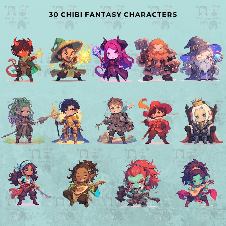 30 Chibi Fantasy Characters Clipart Pack INSTANT DOWNLOAD 30 PNG Images ...