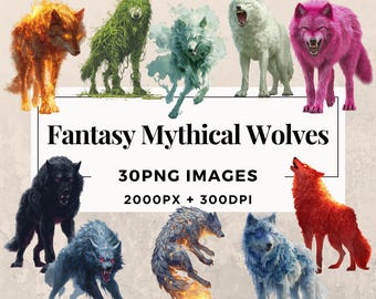 30 Fantasy Mythical Wolves Clipart Pack INSTANT DOWNLOAD 30 Mystical Wolf Illustrations, PNG Transparent Background, Commercial Use. THS003
