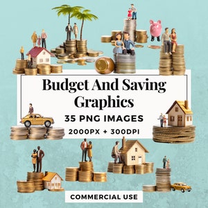 35 Pacchetto di clipart grafiche per budget e risparmio DOWNLOAD IMMEDIATO 35 illustrazioni finanziarie, sfondo PNG trasparente, uso commerciale. THS004