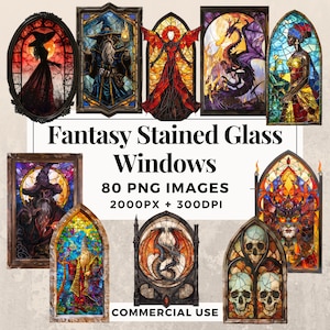 Pacote de clipart de 80 vitrais de fantasia - DOWNLOAD INSTANTÂNEO, fundo transparente PNG, uso pessoal e comercial. THS003