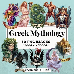 50 griechische Mythologie Clipart Pack, SOFORTIGER DOWNLOAD Mythische Götter und Geschöpfe, PNG für transparenten Hintergrund, persönlichen und kommerziellen Gebrauch. THS004