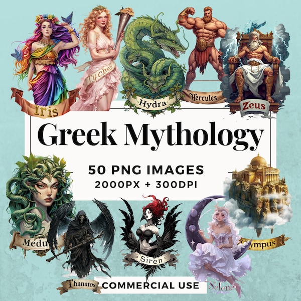 50 Greek Mythology Clipart Pack INSTANT DOWNLOAD Mythical Gods and Creatures, PNG Transparent Background, Personal & Commercial Use. THS004