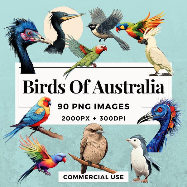 90 Birds of Australia Clipart Pack INSTANT DOWNLOAD 90 Exquisite Avian Illustrations, PNG Transparent Background, Commercial Use. THS004