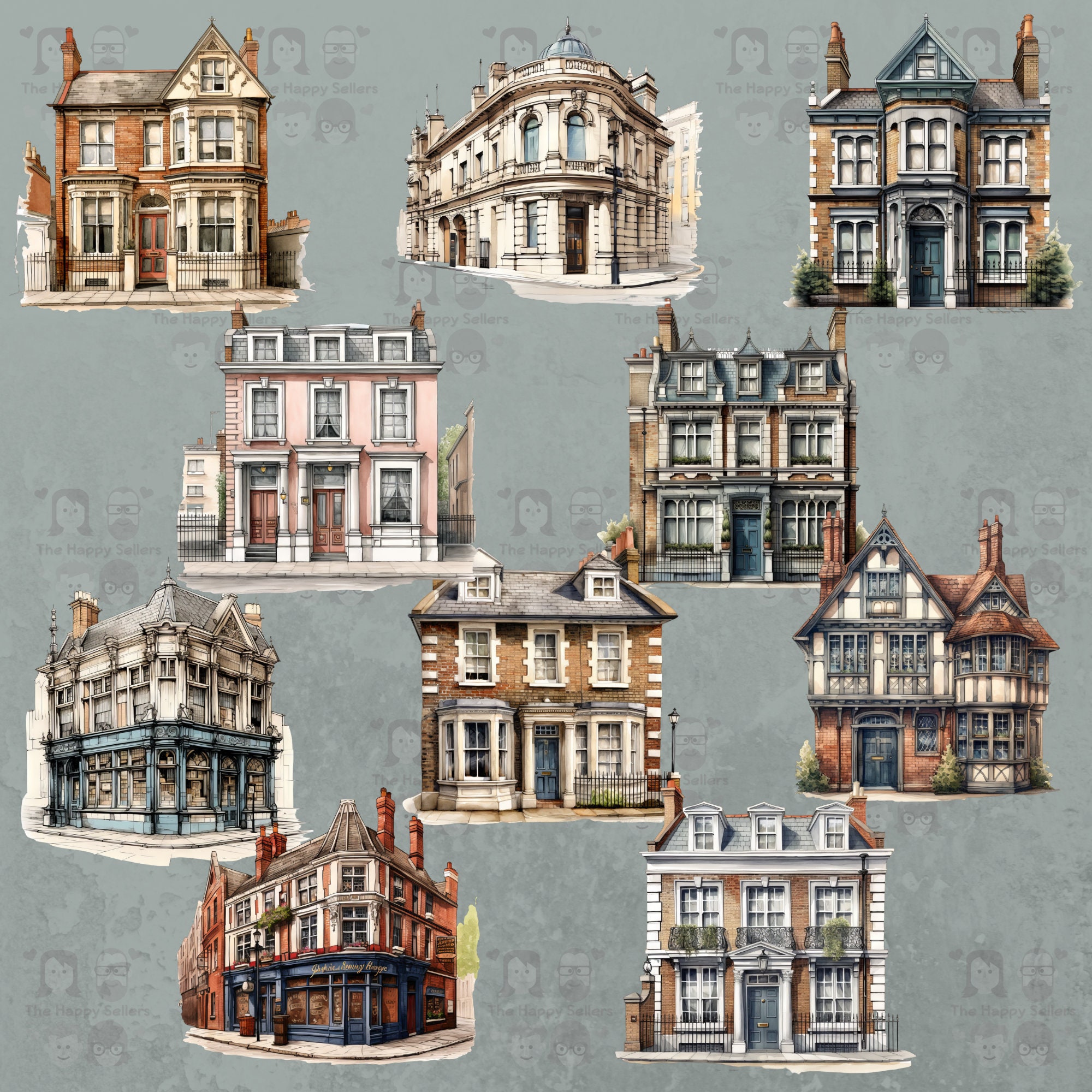 40 Victorian Houses Clipart Pack INSTANT DOWNLOAD, PNG Images