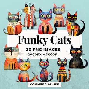 20 Funky Cats Clipart Pack INSTANT DOWNLOAD 20 Groovy Cat Illustrations, PNG Transparent Background, Personal & Commercial Use. THS004