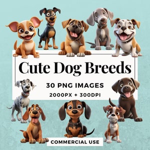 30 Cute Dog Breeds Clipart Pack INSTANT DOWNLOAD 30 Adorable Dog Breed Illustrations, PNG Transparent Background, Commercial Use. THS004