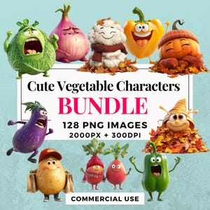 128 Cute Vegetable Characters Clipart Bundle - Instant Download, PNG Images, Transparent Background, Personal & Commercial Use. THS004