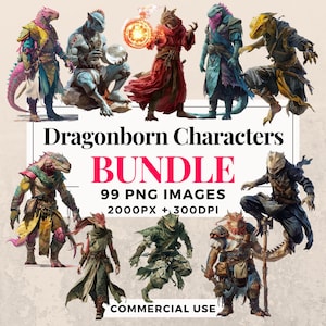 May include: A digital illustration bundle of 99 Dragonborn characters in various poses and outfits. The characters are depicted in a fantasy style with colorful scales and armor. The image includes the text "Dragonborn Characters Bundle 99 PNG Images 2000PX + 300DPI Commercial Use".