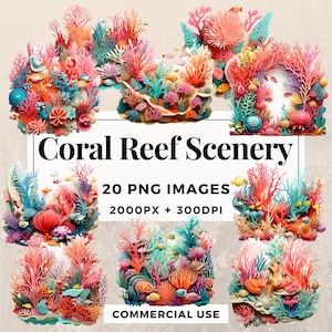 20 Coral Reef Scenery Clipart Pack INSTANT DOWNLOAD 20 Colorful Coral Reef Illustrations, PNG Transparent Background, Commercial Use. THS003