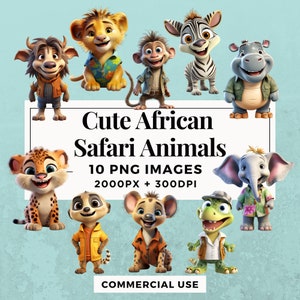 10 Cute African Safari Animals Clipart Pack - INSTANT DOWNLOAD, PNG Transparent Background, Personal & Commercial Use. THS004