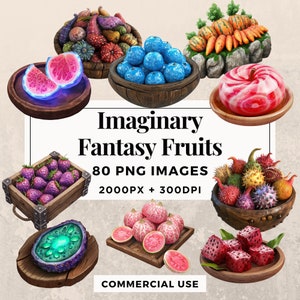 80 imaginäre Fantasy Früchte Clipart Paket SOFORTIGER DOWNLOAD 80 Obstillustrationen, PNG transparenter Hintergrund, kommerzielle Nutzung. THS003