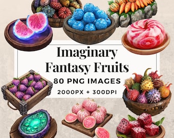 May include: A collection of 80 fantasy fruits, each with unique textures and colors, in a digital illustration. The fruits are arranged in bowls and baskets, with a text overlay that reads "Imaginary Fantasy Fruits 80 PNG IMAGES 2000PX + 300DPI COMMERCIAL USE".