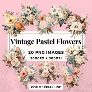 20 Vintage Pastel Flowers Clipart Pack - INSTANT DOWNLOAD, PNG Transparent Background, Personal & Commercial Use. THS006