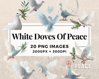20 White Doves of Peace Clipart Pack INSTANT DOWNLOAD 20 Elegant Dove Illustrations, PNG Transparent Background, Commercial Use. THS003