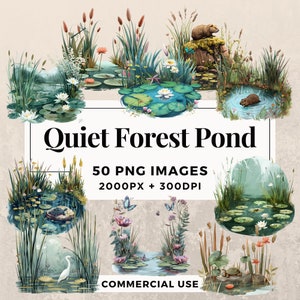 50 Paquete de imágenes prediseñadas de Quiet Forest Pond DESCARGA INSTANTE 50 ilustraciones serenas, fondo transparente PNG, uso personal y comercial. THS003