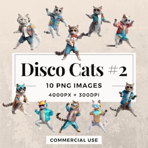 10 Disco Cats Clipart Pack #2 INSTANT DOWNLOAD 10 retro images, PNG transparent background images, commercial and personal use. THS003