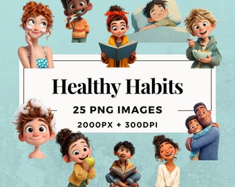 Paquete de 25 imágenes prediseñadas de hábitos saludables. DESCARGA INSTANTÁNEA. 25 ilustraciones de bienestar y estilo de vida, fondo PNG transparente, uso comercial. THS004