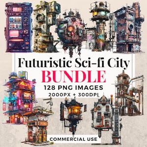 128 Futuristic Sci-Fi City Clipart Bundle - Instant Download, PNG Images, Transparent Background, Personal & Commercial Use. THS003