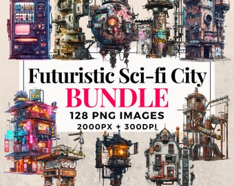 128 枚の未来的な SF 都市のクリップアート バンドル - 即時ダウンロード、PNG 画像、透明な背景、個人および商業利用。THS003