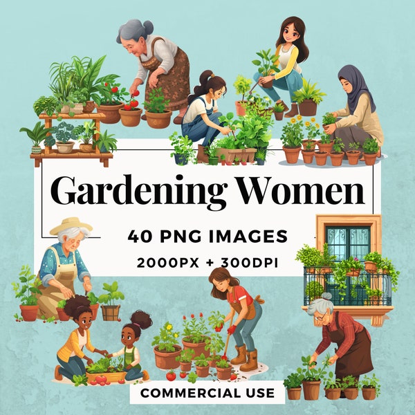 40 Gardening Women Clipart Pack INSTANT DOWNLOAD 40 Illustrations of Women in the Garden, PNG Transparent Background, Commercial Use. THS004