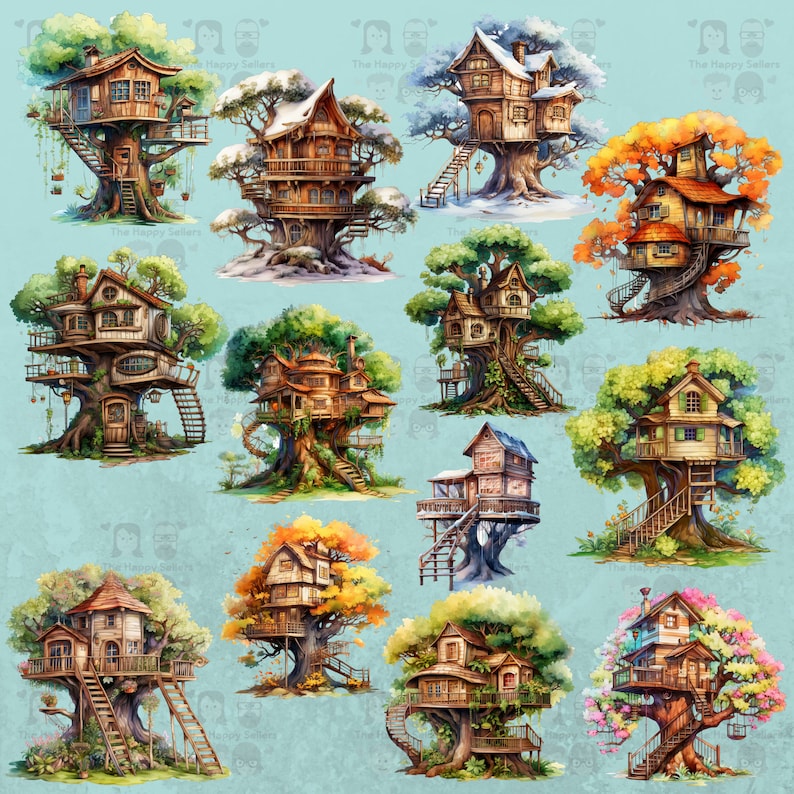 Treehouse With Color 50 Cute Treehouses Clipart Pack INSTANT DOWNLOAD 50 Adorable Treehouse ...