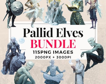 May include: Digital art bundle featuring various illustrations of pale-skinned elves in different poses and settings. The text "Pallid Elves BUNDLE" is prominently displayed, along with details about the image count, resolution, and commercial use.
