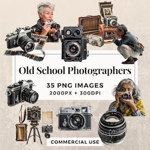 35 Old School-fotografen - Clipart Pack INSTANT DOWNLOAD, PNG transparante achtergrond, persoonlijk en commercieel gebruik. THS003