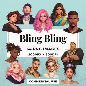 64 Bling Bling Clipart Pack DOWNLOAD IMMEDIATO 64 Illustrazioni di lusso luccicanti, sfondo trasparente PNG, uso personale e commerciale. THS004