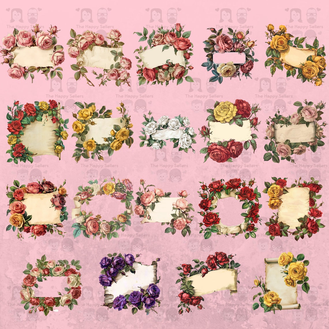 35 Vintage Banners With Roses Clipart Pack - INSTANT DOWNLOAD, PNG ...
