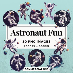 50 Paquete de imágenes prediseñadas divertidas de astronautas DESCARGA INSTANTE 50 ilustraciones divertidas, fondo transparente PNG, uso personal y comercial. THS004