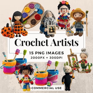 Ensemble de 15 cliparts d'artistes au crochet TÉLÉCHARGEMENT IMMÉDIAT 15 charmantes illustrations au crochet, arrière-plan PNG transparent, usage commercial. THS003