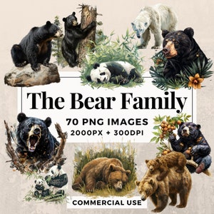 May include: A collection of 70 bear family PNG images, each measuring 2000 pixels by 300 DPI. The images feature various bear species, including black bears, brown bears, polar bears, and pandas. The bears are depicted in a variety of poses and settings, including sleeping, playing, and eating. The images are perfect for use in digital scrapbooking, card making, and other creative projects.