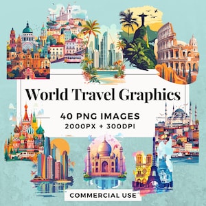 40 World Travel Graphics Clipart Pack INSTANT DOWNLOAD 40 illustraties met reisthema, transparante PNG-achtergrond, commercieel gebruik. THS004