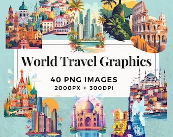 40 World Travel Graphics Clipart Pack INSTANT DOWNLOAD 40 Travel-Themed Illustrations, PNG Transparent Background, Commercial Use. THS004