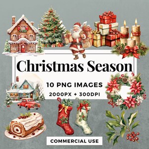 10 Christmas Season Clipart Pack INSTANT DOWNLOAD 10 Festive Holiday Illustrations, PNG Transparent Background, Commercial Use. THS001