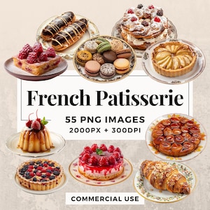 55 Französische Patisserie Clipart Paket SOFORTIGER DOWNLOAD 55 Französisches Gebäck Illustrationen, PNG transparentem Hintergrund, kommerzielle Nutzung. THS003