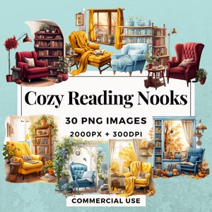 30 Cozy Reading Nooks Clipart Pack INSTANT DOWNLOAD 30 Charming Illustrations, PNG Transparent Background, Personal & Commercial Use. THS004