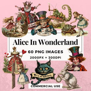 Pack de 60 cliparts Alice au pays des merveilles TÉLÉCHARGEMENT IMMÉDIAT 60 illustrations fantaisistes, arrière-plan PNG transparent, usage commercial. THS006
