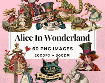 60 Alice in Wonderland Clipart Pack INSTANT DOWNLOAD 60 Whimsical Illustrations, PNG Transparent Background, Commercial Use. THS006