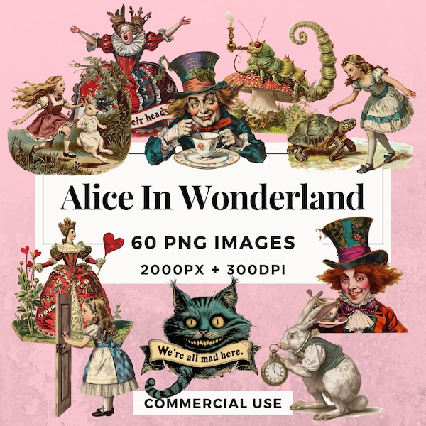 60 Alice in Wonderland Clipart Pack INSTANT DOWNLOAD 60 Whimsical Illustrations, PNG Transparent Background, Commercial Use. THS006