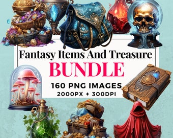 May include: A collection of 160 fantasy items and treasure PNG images, including a blue backpack, a gold chest, a red potion bottle, a skull in a glass dome, a book with a golden cover, a mushroom in a glass dome, a green potion bottle, and a red hooded cloak. The images are 2000 pixels by 300 DPI and are for commercial use.