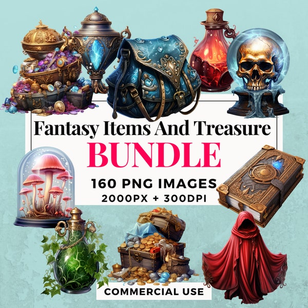 160 Fantasy Items and Treasure Clipart Bundle - Instant Download, PNG Images, Transparent Background, Personal & Commercial Use. THS004