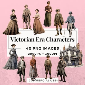 Pacchetto di clipart con 40 personaggi dell'epoca vittoriana - DOWNLOAD IMMEDIATO, sfondo PNG trasparente, uso personale e commerciale. THS006