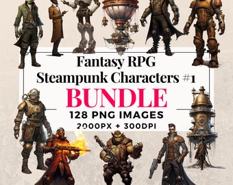 May include: A digital illustration set of 128 steampunk characters in various poses. The characters are a mix of humanoids, robots, and creatures. The set includes 128 PNG images, each 2000 pixels by 2000 pixels, at 300 DPI. The set is for commercial use.