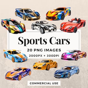 20 Sports Cars Clipart Pack INSTANT DOWNLOAD 20 Sports Car Illustrations, PNG Transparent Background, Personal & Commercial Use. THS003